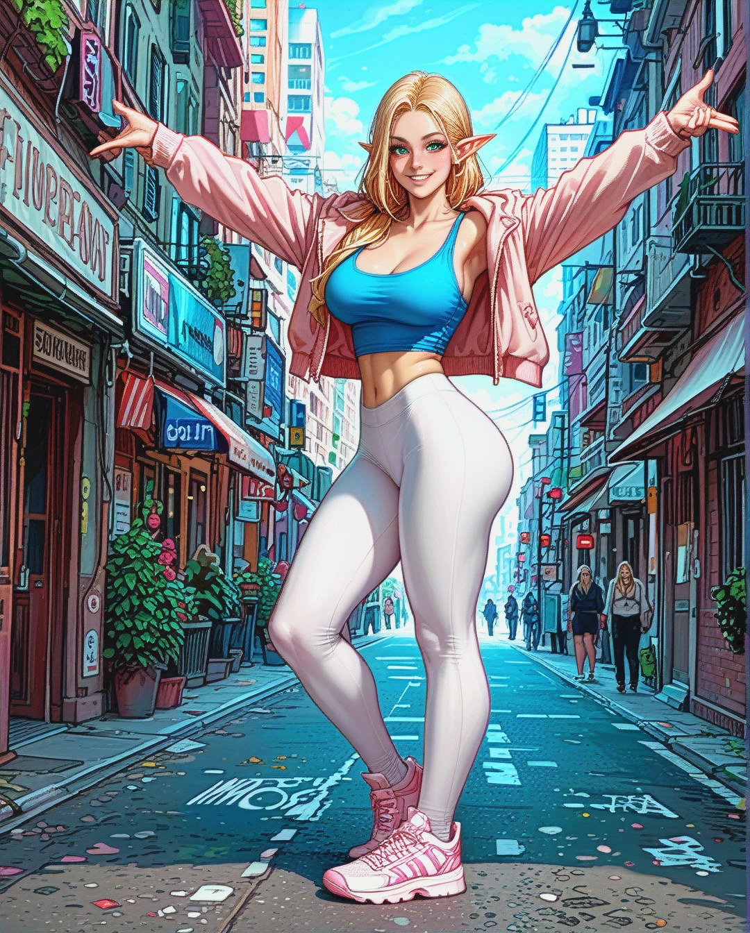 Elf woman, smiling, round breasts, round ass, blonde hair, long hair, microdreads, white leggings, low cut blue tank top, exposed midriff, open pink half hoodie, sneakers, standing, raising arms, front view, new york city, sunny