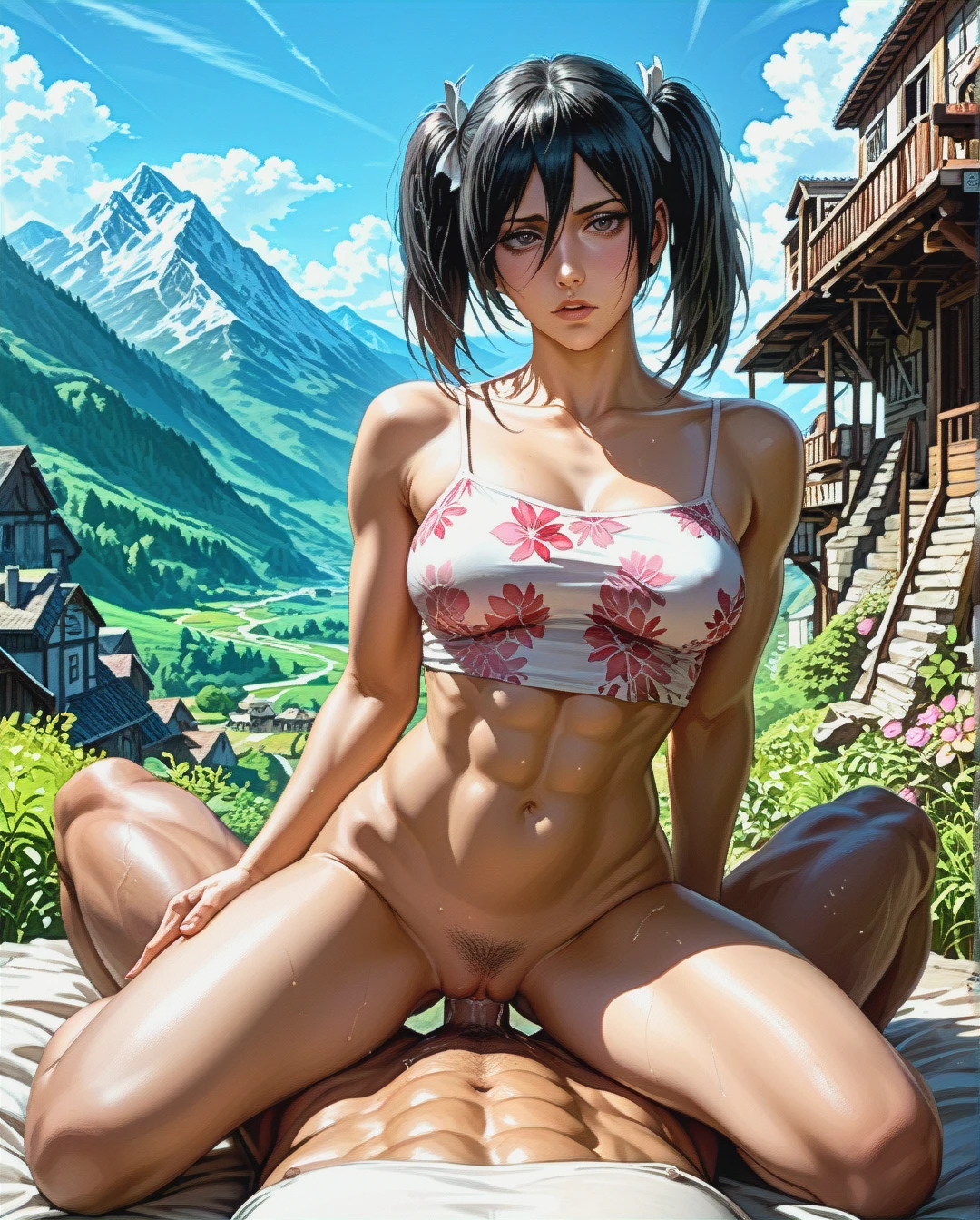 @mikasa_ackerman, mature, attack on Titan, Realistic Realistic Realistic, mountain, twintails,sex sex,oldman, Sex rabbit position,crop,top, camisole,pink floral, ,