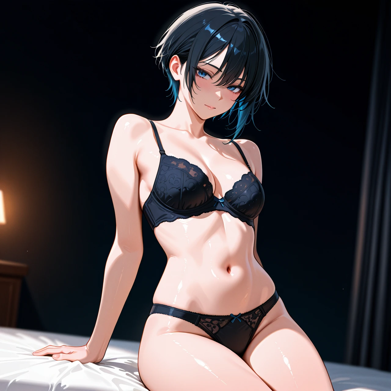 Femboy, long black hair, medium tits, thin body, wearing bra and panties only, sitting, Maria, blue eyes, wide shoulders, femeine boy, cute face, boyish hands, boy shoulders, boy thighs