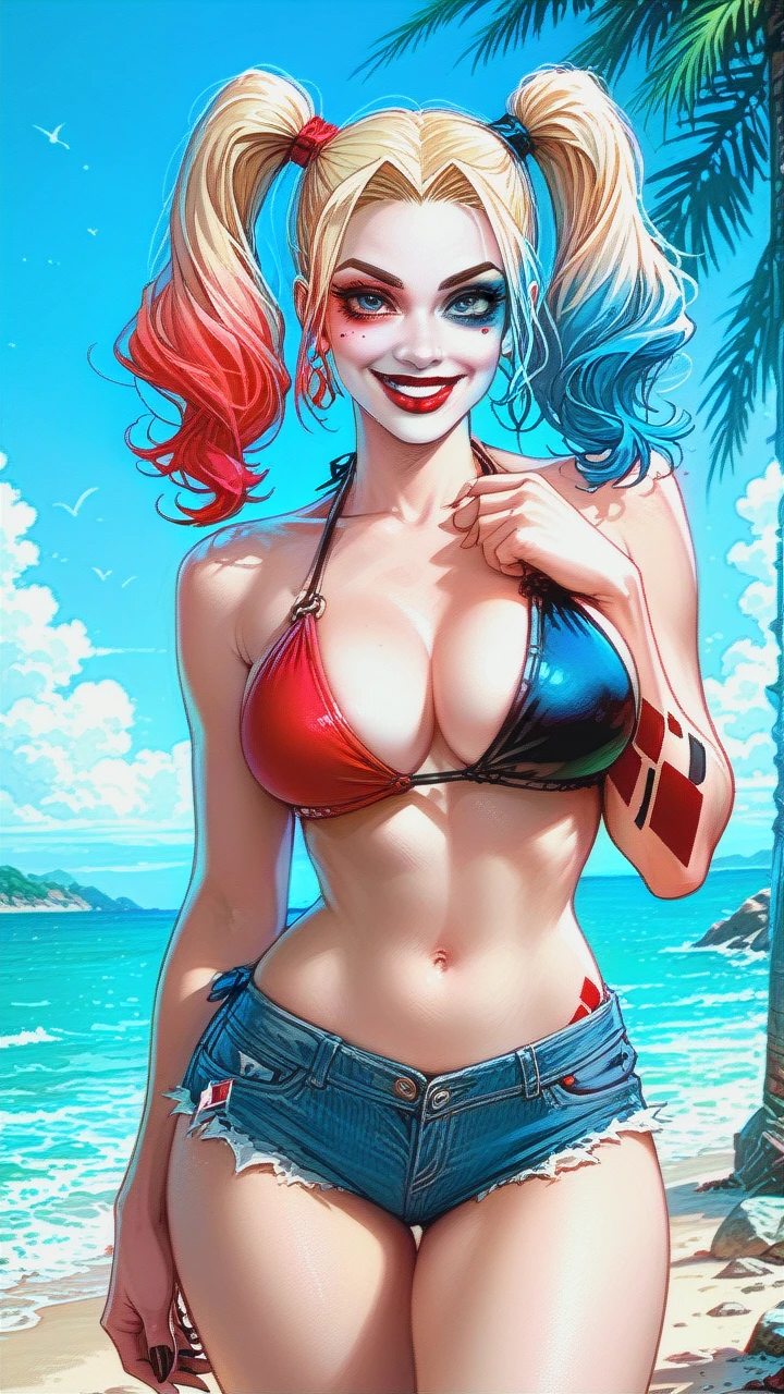 Harley Quinn, beautiful eyes, busty, cleavage, bikini top, daisy dukes, on beach, fairground, midriff, thighs, smile