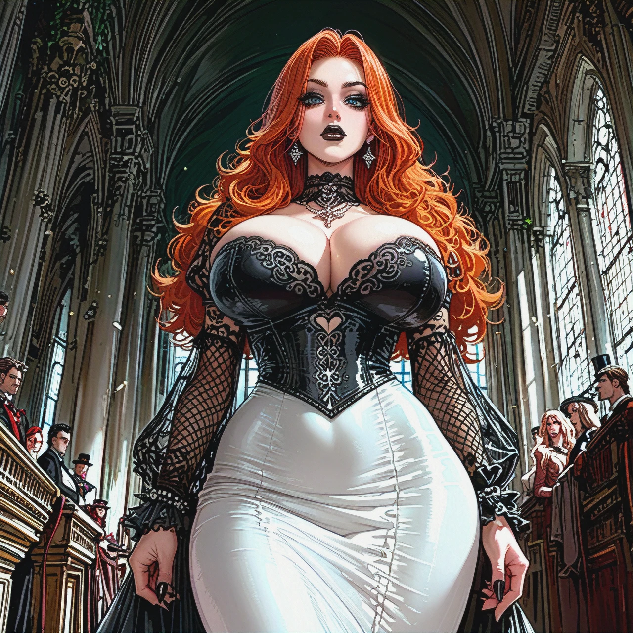 Anime. Redhead. Bimbo. Gothic. Dark lipstick. Huge fake breasts. Big ass. (curvy) shaved.  Long dress. Standing. Looking down.  (breast_lift)