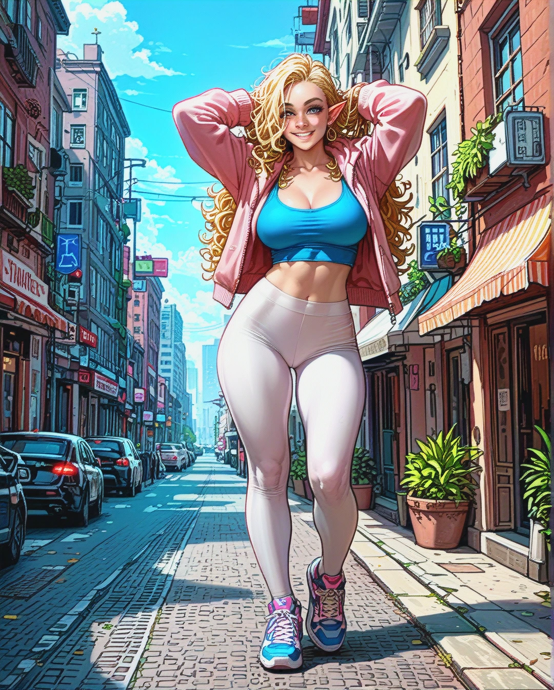 Elf woman, smiling, round breasts, round ass, blonde curly hair, long hair, dreadlocks, white leggings, low cut blue tank top, exposed midriff, open pink half hoodie, sneakers, standing, raising arms, front view, new york city, sunny