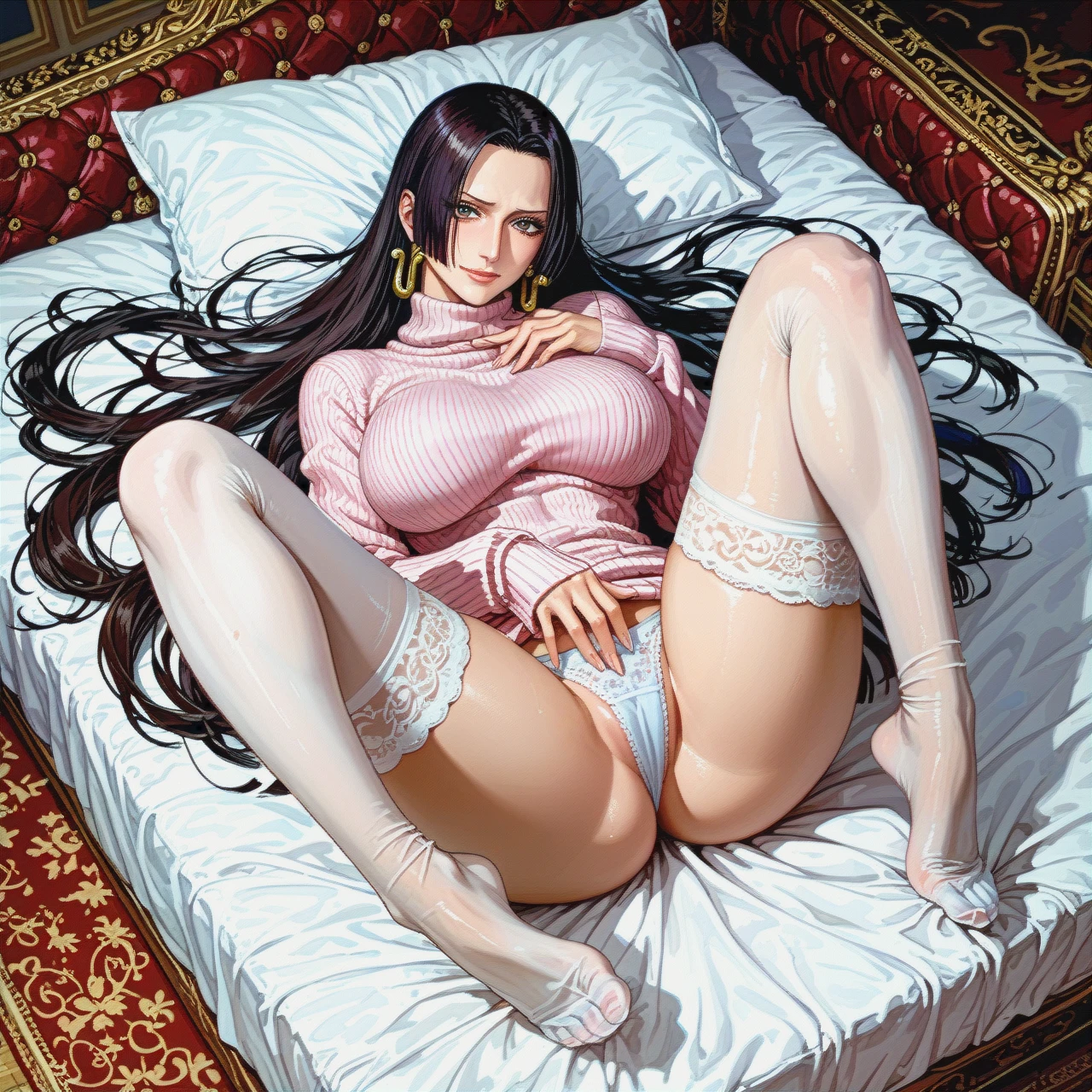 lady is lying on her back , (on_back) , (legs_up) ,lady  ,@boa_hancock, (large_breasts)  , panties,, masterpiece , sweater, (light_smile), feet, stockings, (embarrassed) , (spread_legs) , brunette, , mature, school_president ,