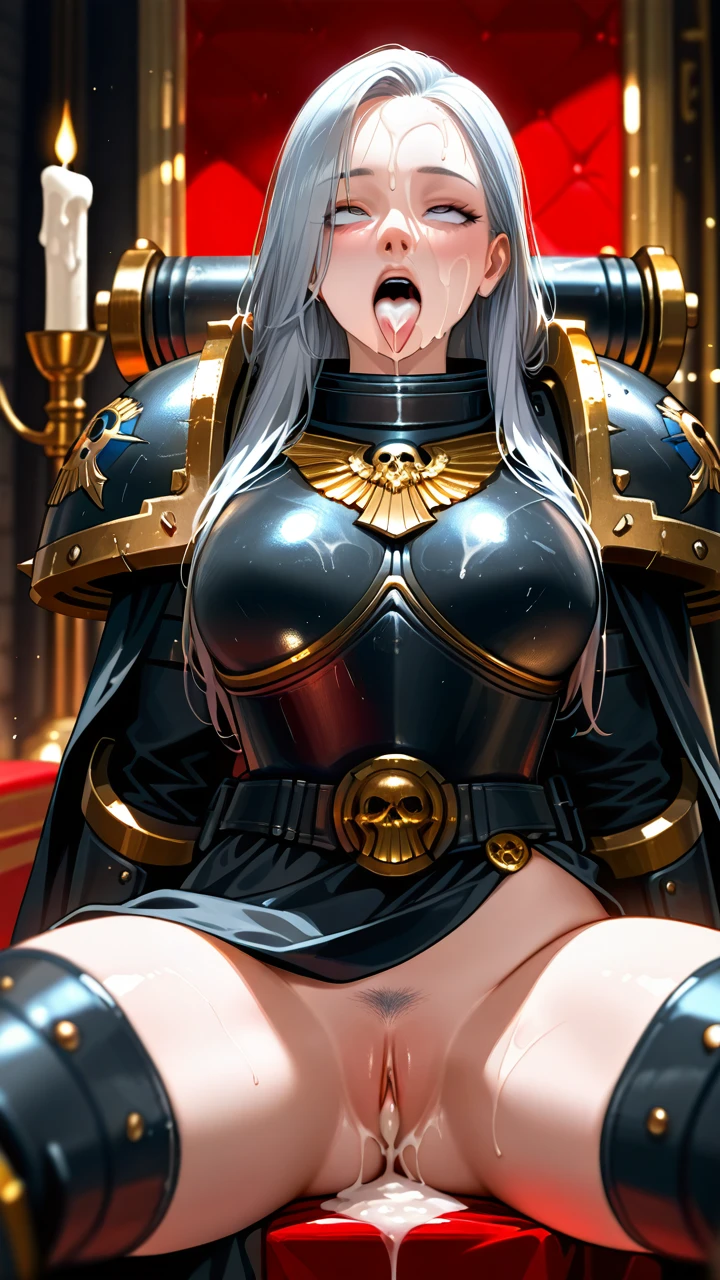 a girl with gray hair, dressed in Warhammer 40,000 armor, holds a huge dick in her (middle_finger), cum on her cheeks, cum on her forehead, cum on her nose, armor on her chest, breast covered with a cuirass, naked, shaved pussy, cum on pussy, ahegao's face, tongue sticking out, cum on her (cum_on_tongue)