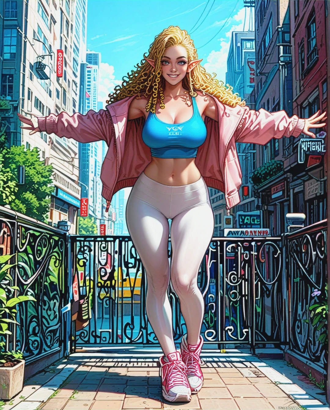 Elf woman, smiling, round breasts, round ass, blonde curly hair, long hair, micro dreadlocks, white leggings, low cut blue tank top, exposed midriff, open pink half hoodie, sneakers, standing, raising arms, front view, new york city, sunny