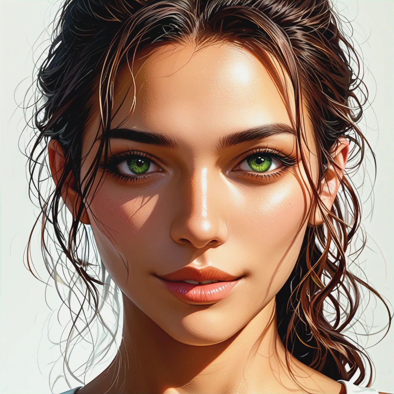 PhotoRealistic Portrait of golden-green eyes, perfect nose, sensual lips, Latina face, brown skin, light smile, close up shot, ears out of frame, warm light, realistic, detailed, dynamic angle