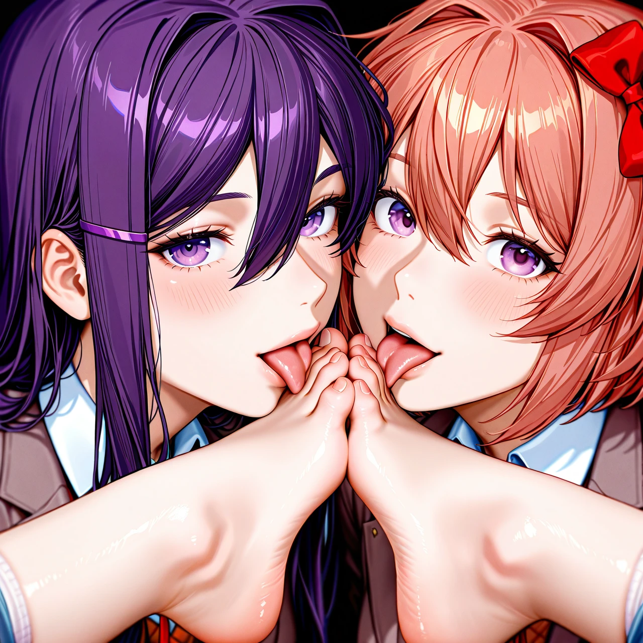 @yuri_(doki_doki_literature_club), @sayori, lesbian, pussy, (clothes_pull), looking on viewer, (licking_foot)