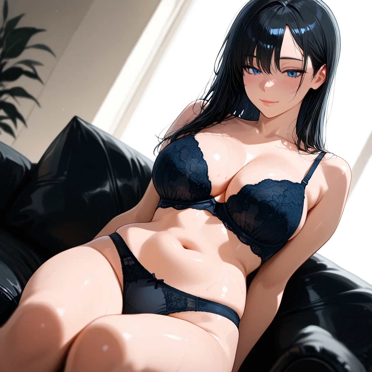 Woman, long black hair, medium tits, thin body, wearing bra and panties only, sitting, Maria, blue eyes, wide shoulders, masculine woman, cute face