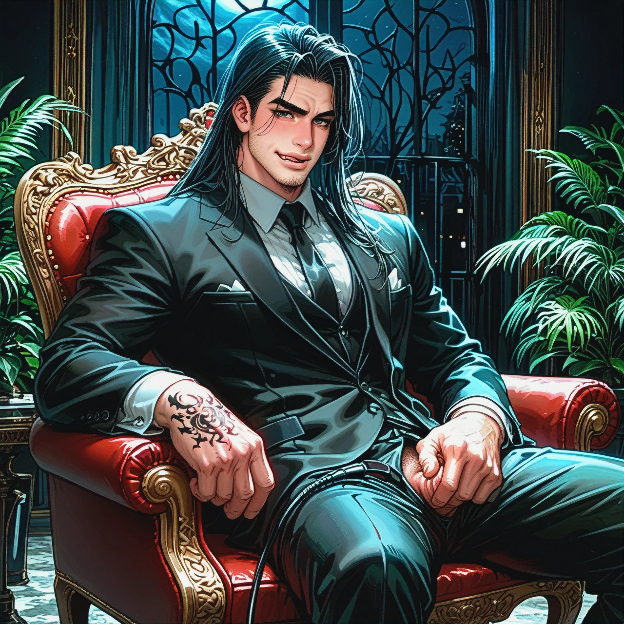 (Male)  (male_masturbation) (Black _hair) (Tattoo) (Formal_suit)  man, hot man, long black hair, long hair, stubble, muscular man, sitting in chair, black clothes, black shirt, shirt, muscles, whip in hands, happy face, licking lips, master, night