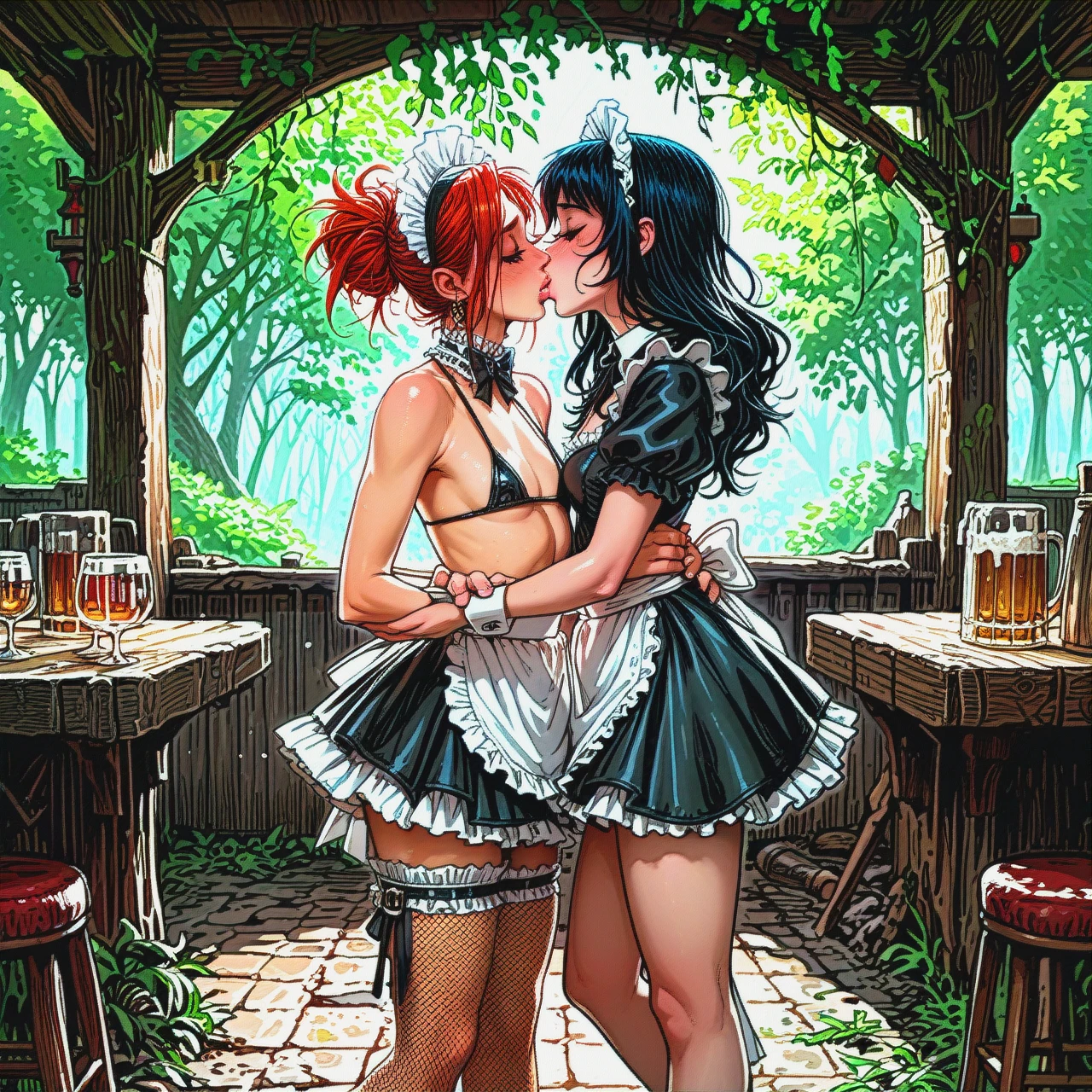 2girl, two girls doggystylel, kissing_male, messy_creampie, 4_fingers,flat_chest,kissing_neck, dresses,black_fishnet,belts,microbikini,high_heels, fantasy_forest, tavern, maid_dress