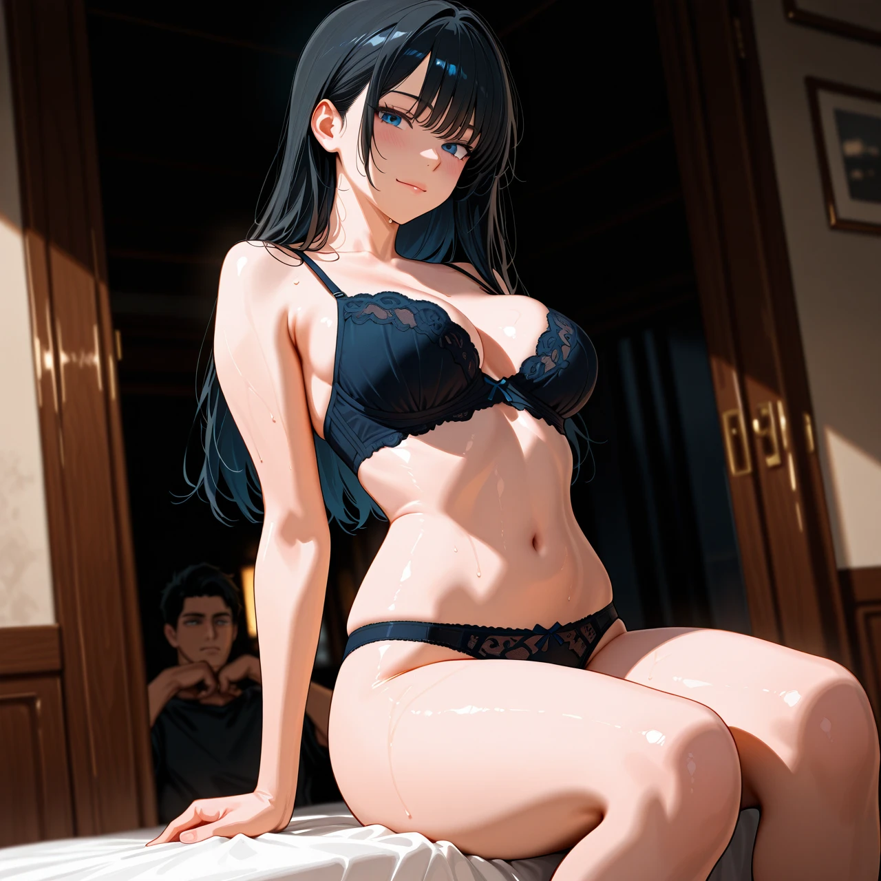 Woman, long black hair, medium tits, thin body, wearing bra and panties only, sitting, Maria, blue eyes, wide shoulders, masculine woman, cute face, boyish hands, boy shoulders, boy thighs