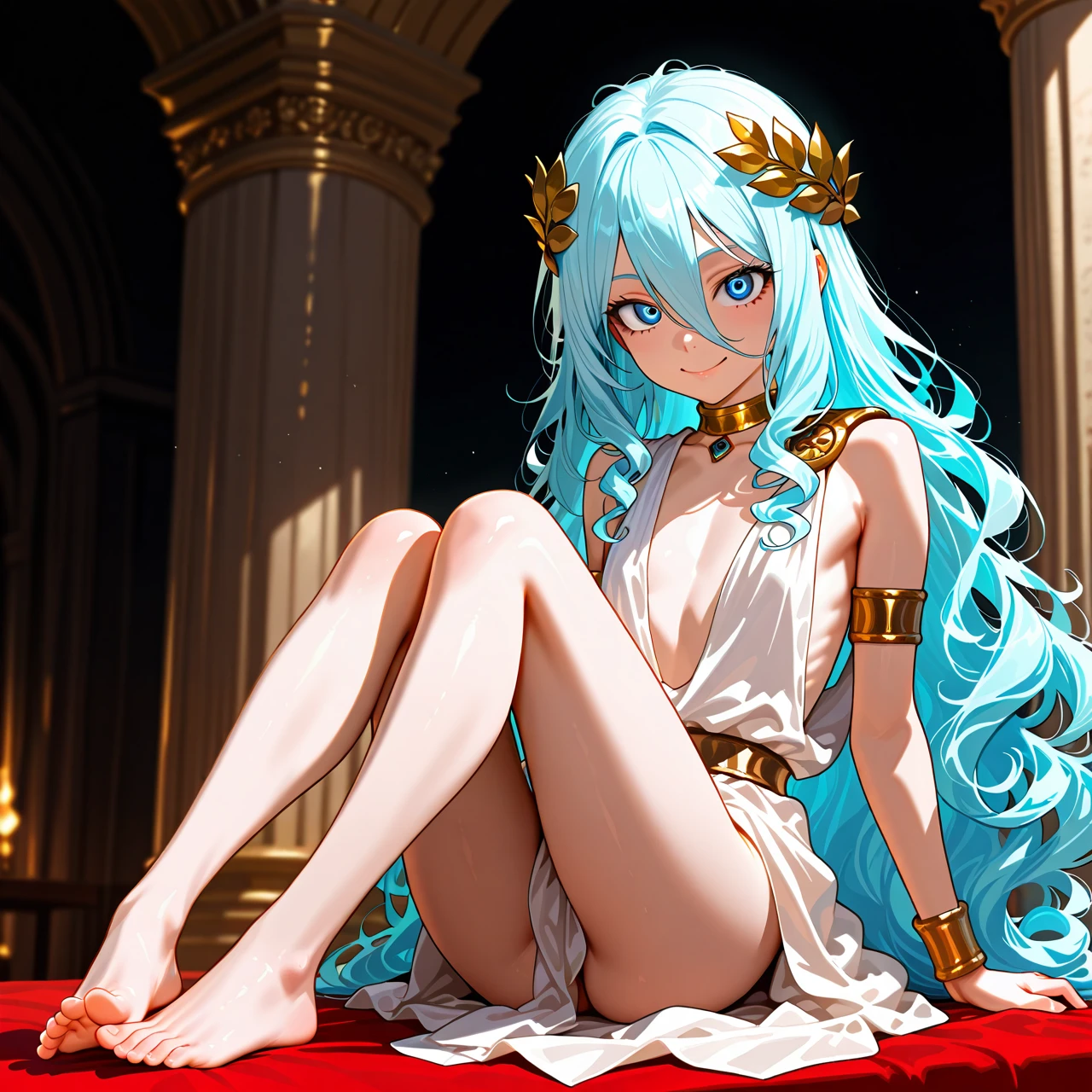 cute smile, very long hair, light blue hair, curly hair, lost hair, ancient greek style, petite, (flat_chest), (skinny), cute, extra big eyes, blue eyes, toga, laurel crown, gold choker, gold jewelry, wide aleeves, hair between eyes, greco-roman clothes, fluffy hair, vawy hair, undressing, full body, barefoot