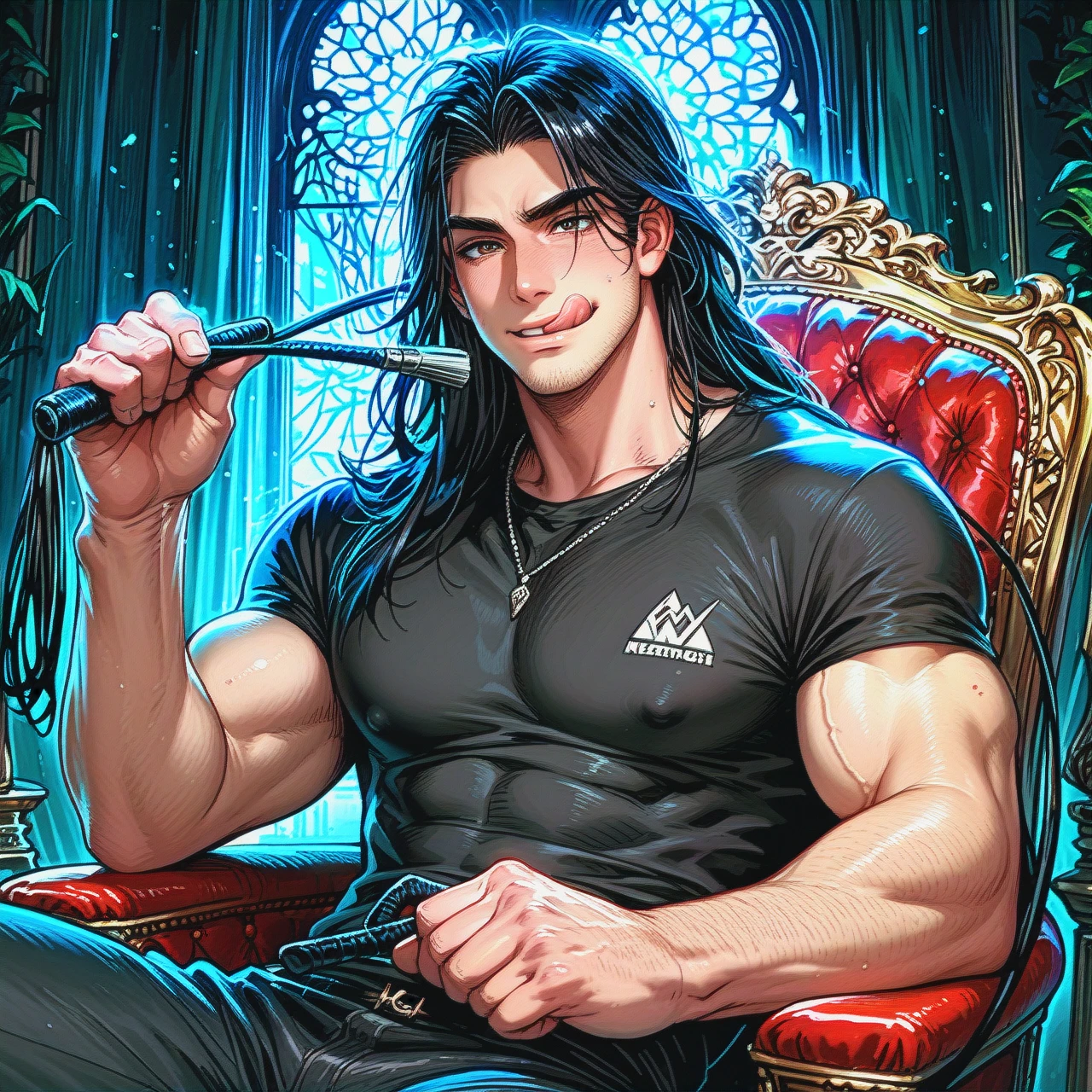 man, hot man, long black hair, long hair, stubble, muscular man, sitting in chair, black clothes, black shirt, shirt, muscles, whip in hands, happy face, licking lips, master, night