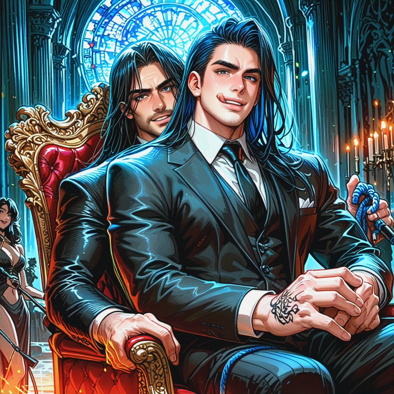 (Male)  (Black _hair) (Tattoo) (Formal_suit)  man, hot man, long black hair, long hair, stubble, muscular man, sitting in chair, black clothes, black shirt, shirt, muscles, whip in hands, happy face, licking lips, master, night