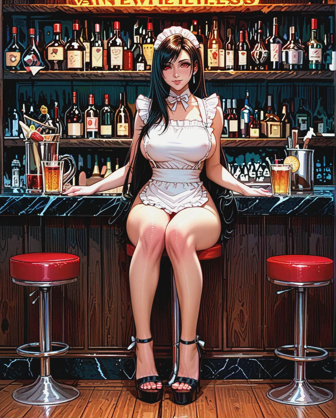 @tifa_lockhart, Front view of Tifa Lockhart, sitting on a bar stool, knees pressed together, wearing open-toe high heels, nude under her bar waitress apron