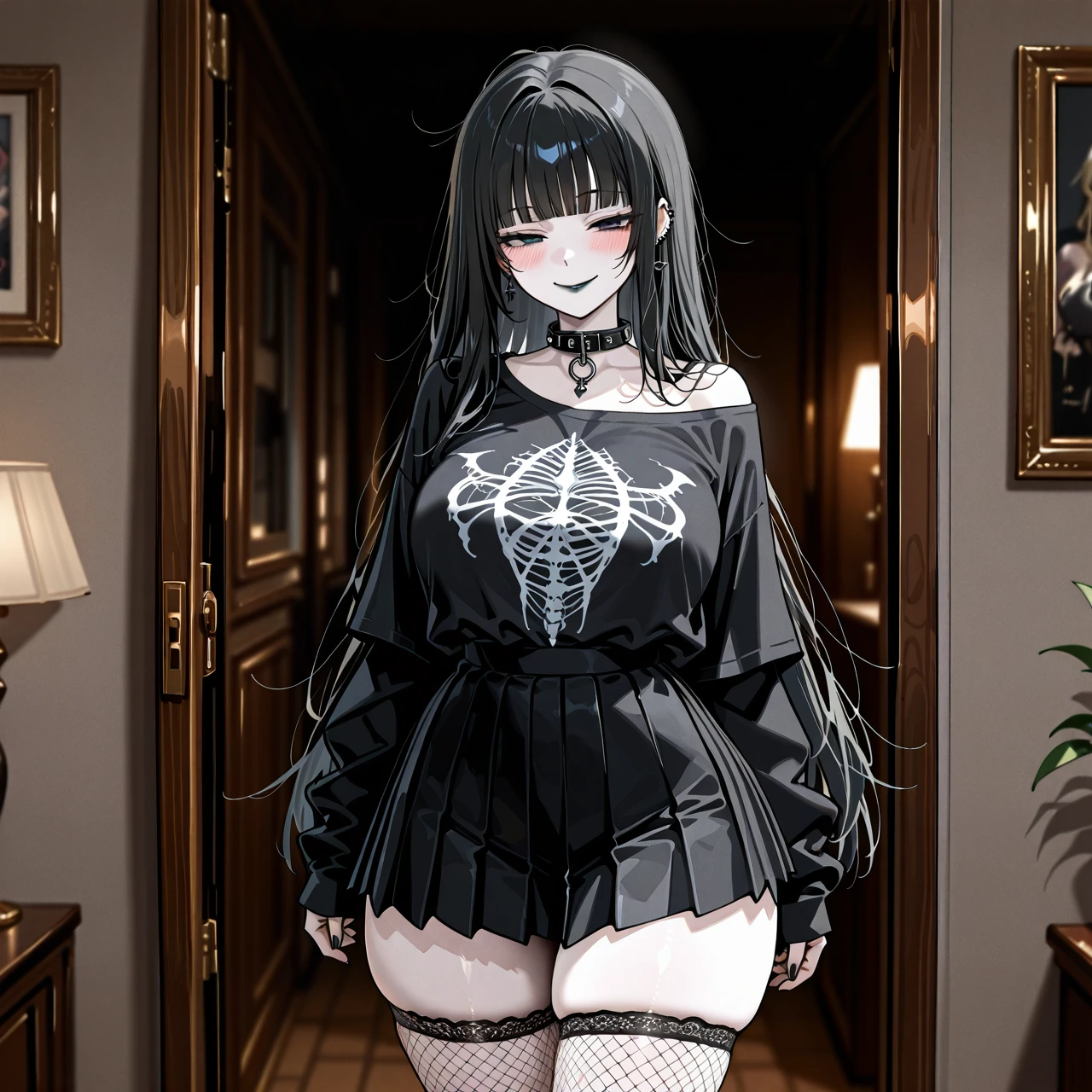 smiling, long loose hair, blunt bangs, black hair, half closed eyes, sleepy eyes, pale skin, thick thighs, blush, piercing, black nails, black lipstick, oversized black t shirt, pleated skirt, goth accessories, fishnet stockings, collar, extreme detail description, highly detailed, extreme detail description, highly detailed, perfect anatomy