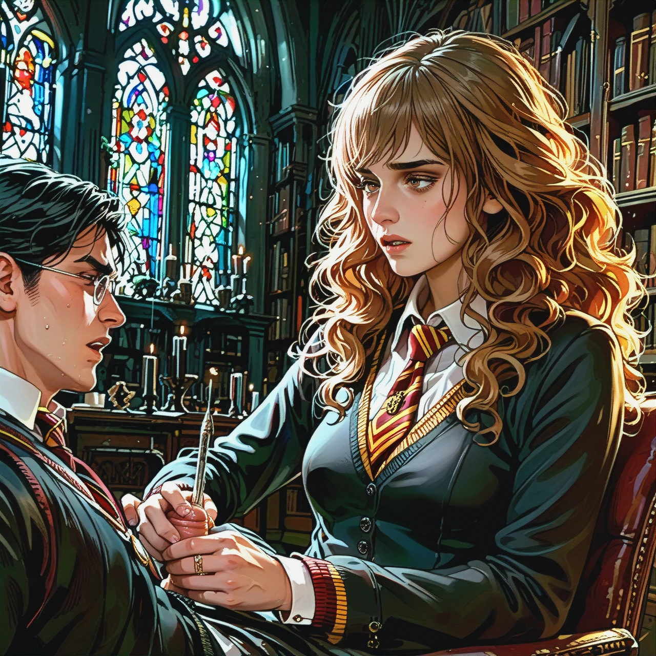 1girl,1boy, , , , , Hermione Granger and Harry Potter, masturbation, (clothed_female_nude_male)