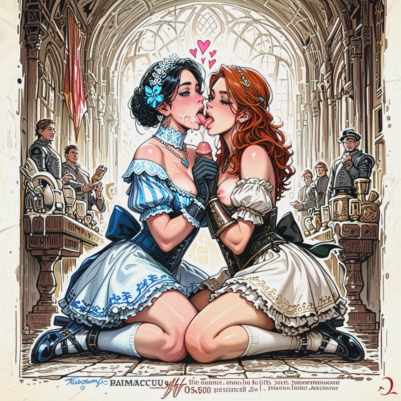 2girl, two girls double_fellatio, licking, cum_on her body, anala,cheek_press,thick_arms,pink_nipples,love_handles, heart_necklace,black_gloves,Brazil,ballet_shoes, medieval_dress,socks,tied_up,red_bracers,shoes, bare_chest