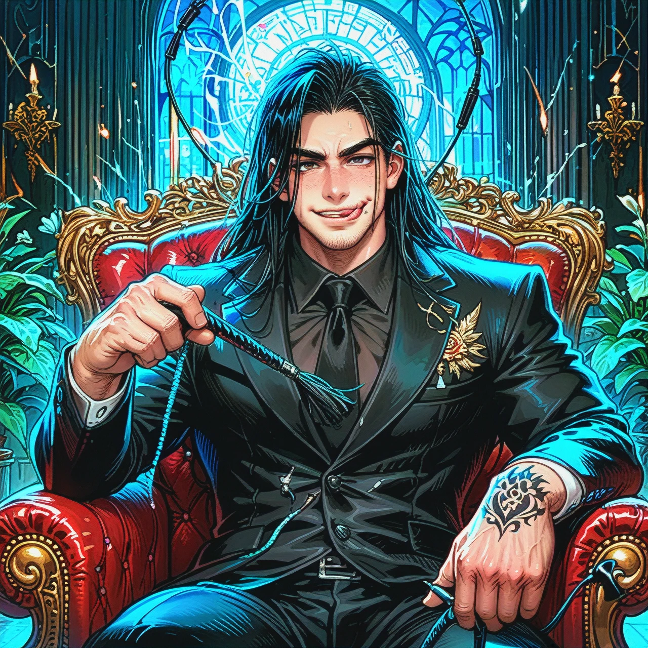 (Male)  (Black _hair) (Tattoo) (Formal_suit)  long black hair, long hair, stubble, muscular man, sitting in chair, black clothes, black shirt, shirt, muscles, whip in hands, happy face, licking lips, master, night