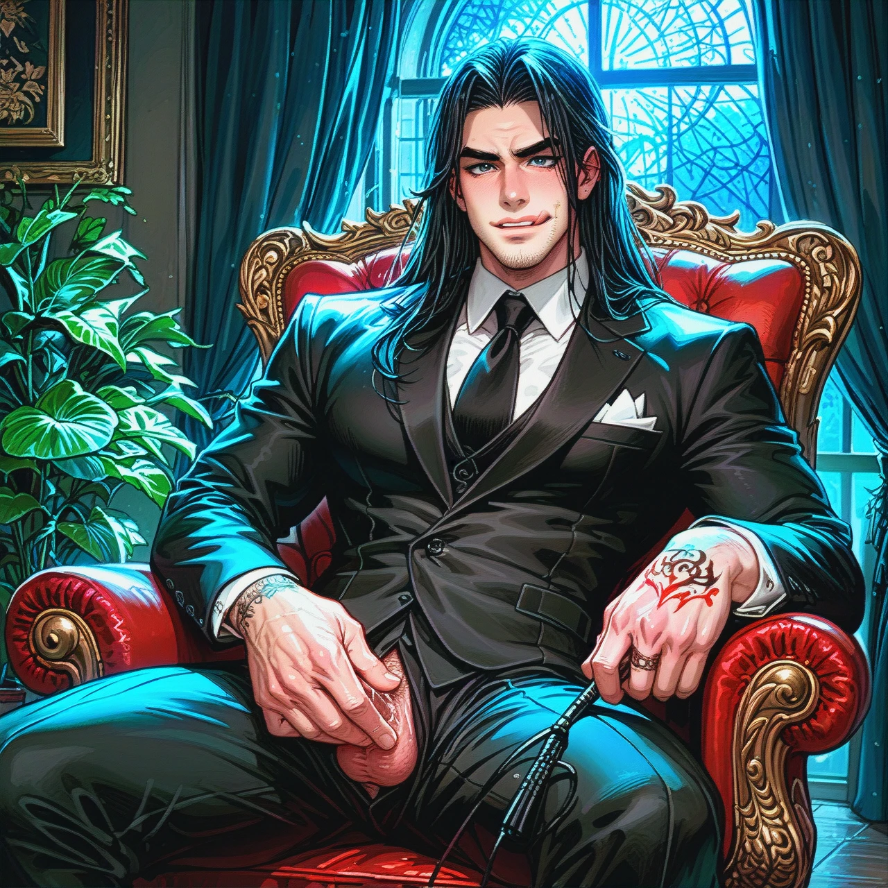 (Male) (looking_at_viewer) (male_masturbation) (Black _hair) (Tattoo) (Formal_suit)  man, hot man, long black hair, long hair, stubble, muscular man, sitting in chair, black clothes, black shirt, shirt, muscles, whip in hands, happy face, licking lips, master, night