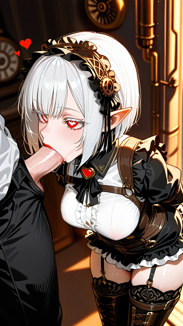 (male_futanari) white_hair bob side_bangs (red_eyes) white_eyelashes pointy_ears  big_frilled_hairband frilled_skirt  thigh_high_boots garter_straps  dark_shirt collar puffed_sleeves (underbust) steampunk_clothes (red_lips) penis erection (close-up) (fellatio) (deepthroat) (heart-shaped_eyes) (medium_breasts)