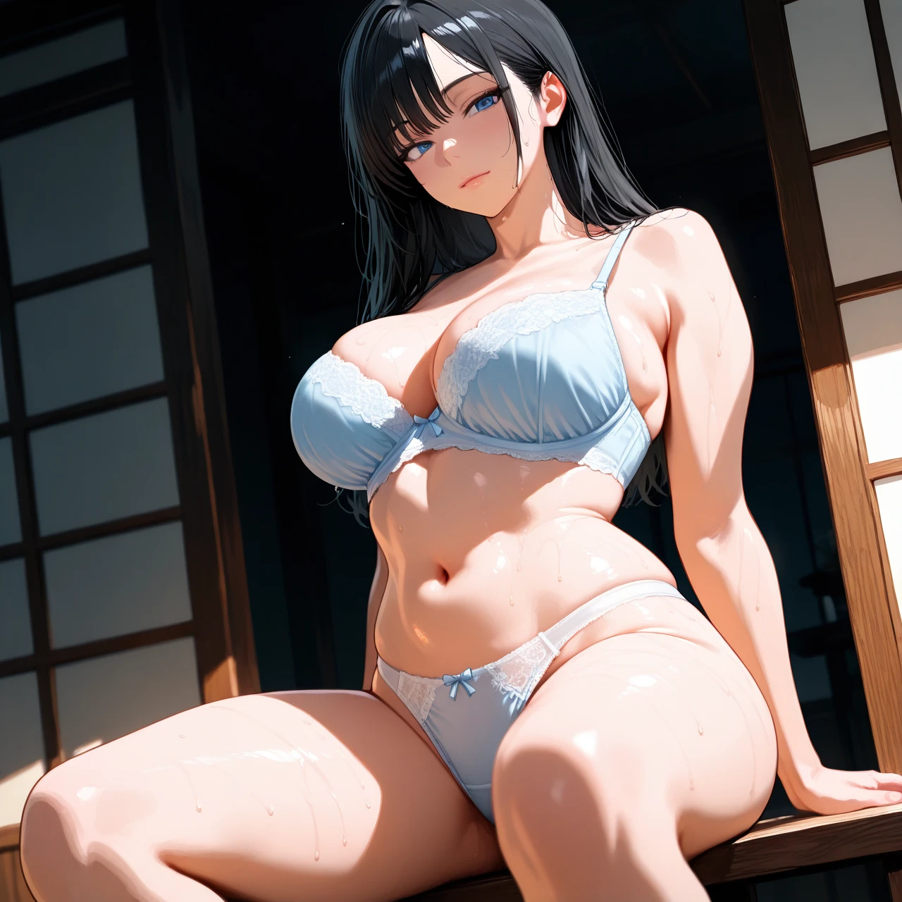 Woman, long black hair, medium tits, thick body, wearing bra and panties only, sitting, Maria, blue eyes, big and wide shoulders, Japanese,