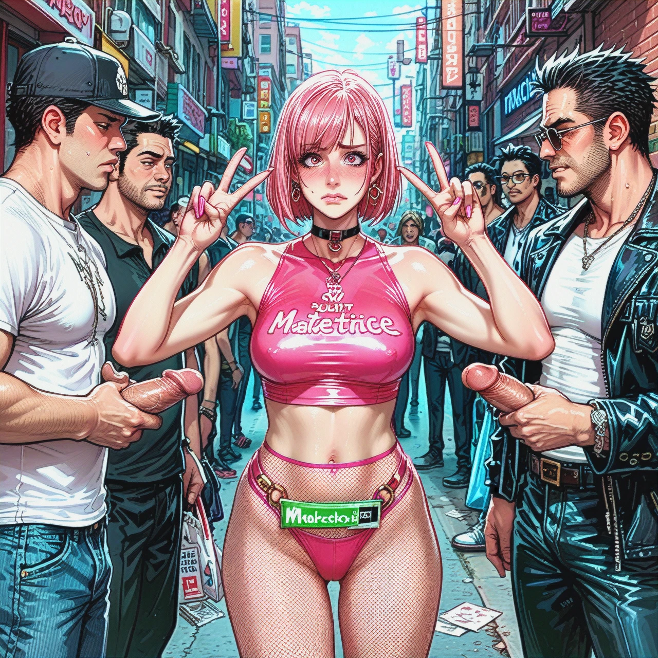 full-height view of slender female in a neon street, pink bob haircut, tight crop top, tight miniskirt, fishnets, (double_v), (prostitution), (gangbang), (embarrassed)