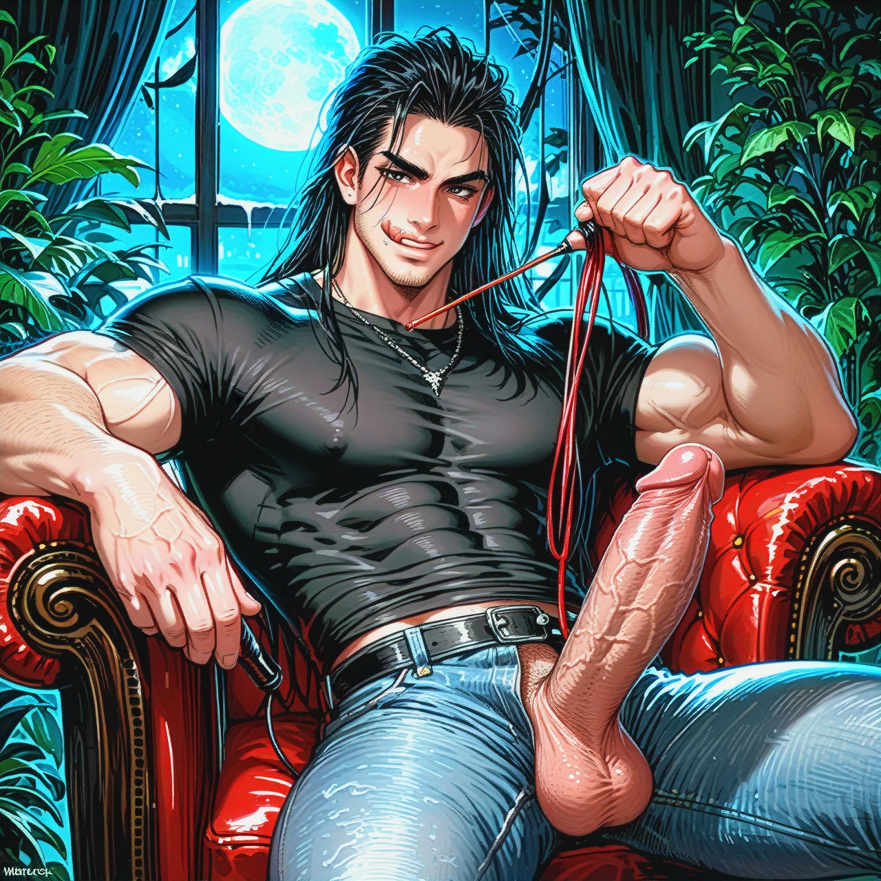 man, hot man, long black hair, long hair, stubble, muscular man, sitting in chair, black clothes, black shirt, shirt, muscles, whip in hands, happy face, licking lips, master, night, hard cock visible through jeans, big cock, jeans tight cock