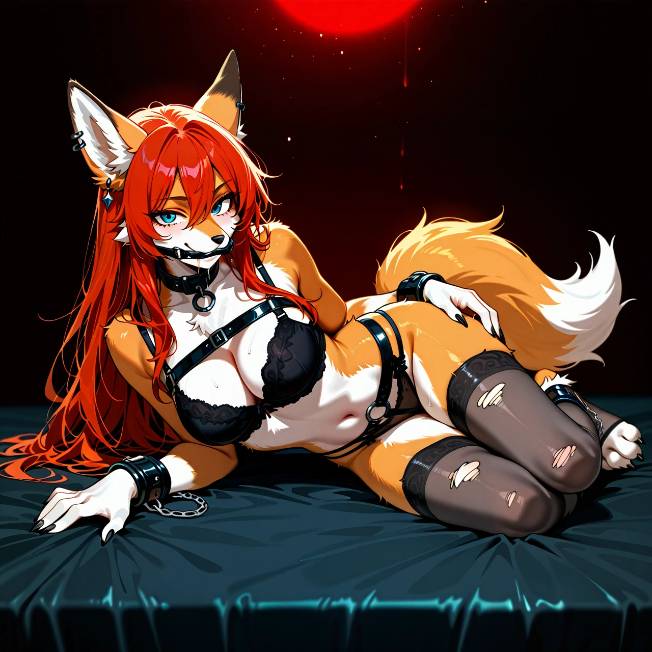 1girl, animal ears, animal feet, animal nose, black bra, black nails, black thighhighs, blue eyes, body fur, bra, breasts, claws, cleavage, collar, earrings, fox ears, fox tail, full body, furry, furry female, grey thighhighs, jewelry, long hair, lying, medium breasts, navel, panties, red hair, smile, snout, solo, tail, thighhighs, underwear, white fur, legscuffed, handscuffed, soft cuffs, bondage cuffs, gag, gag in mouth, ball gag, saliva, chest straps, pentagram belt, crotch strap, ankle-cuffs, thighs-cuffs, legs