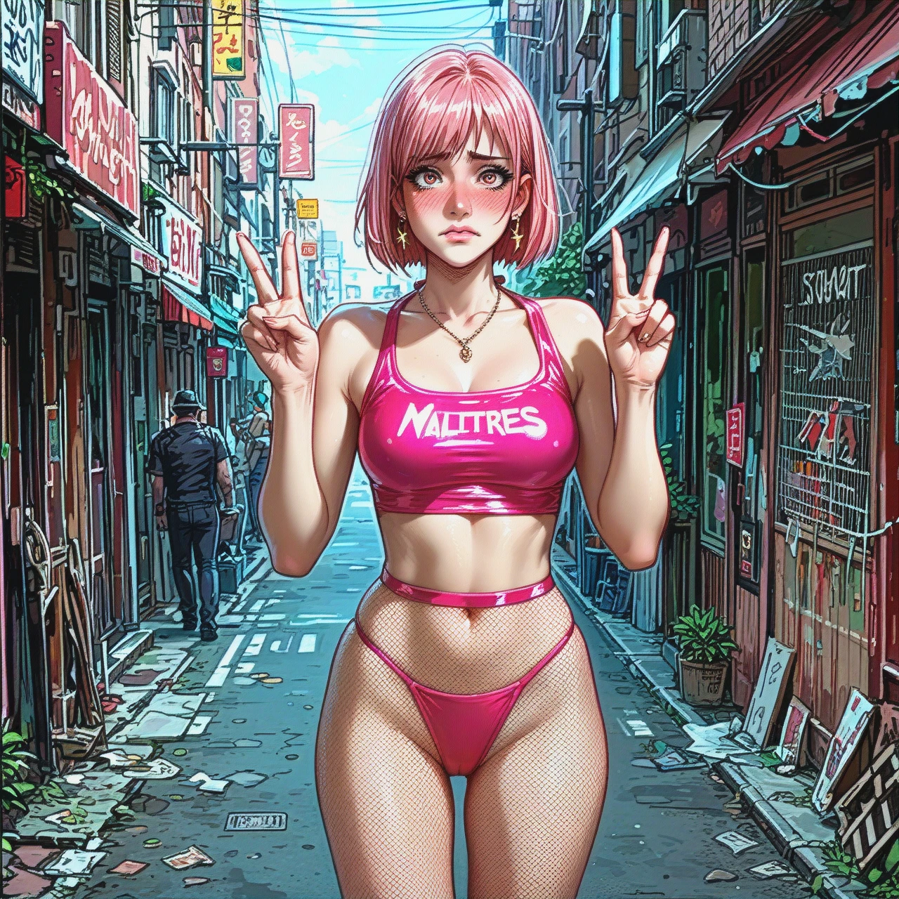 full-height view of slender female in a neon street, pink bob haircut, tight crop top, tight miniskirt, bikini, fishnets, (double_v), (prostitution), (embarrassed)