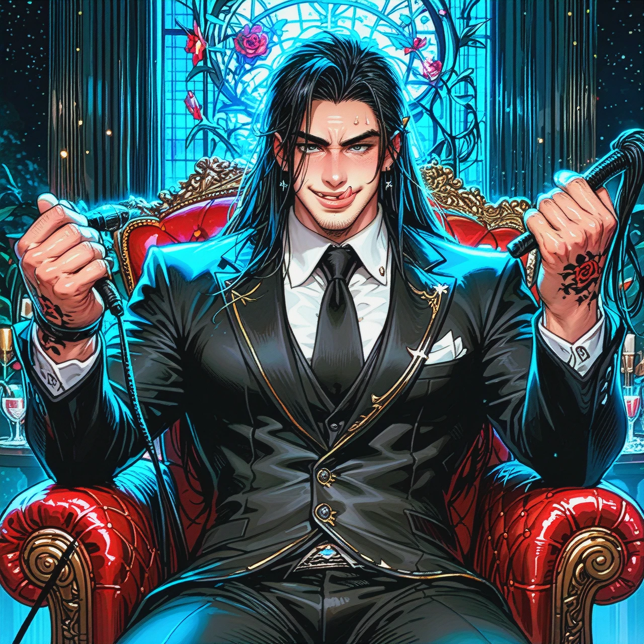 (Male)  (Black _hair) (Tattoo) (Formal_suit)  man, hot man, long black hair, long hair, stubble, muscular man, sitting in chair, black clothes, black shirt, shirt, muscles, whip in hands, happy face, licking lips, master, night