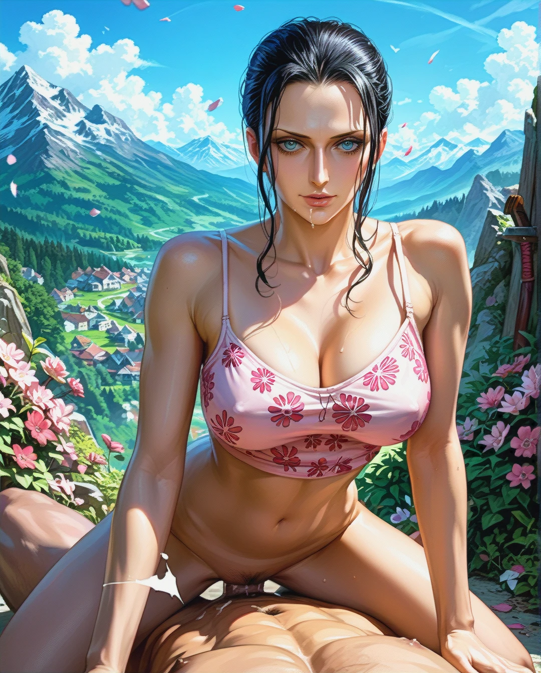 Nico Robin, mature, attack on Titan, Realistic Realistic Realistic, mountain, , pulled back hairstyles,sex sex,oldman, Sex rabbit position,crop,top, camisole,pink floral, ,