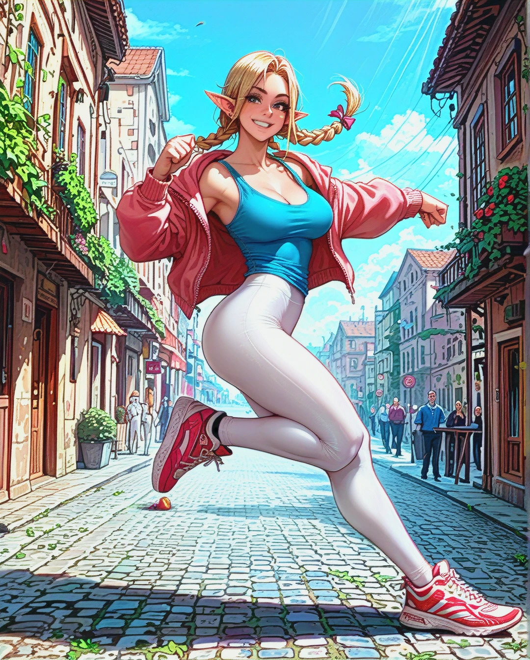 Elf woman, smiling, round breasts, round ass, blonde hair, long hair, microbraids, white leggings, low cut blue tank top, open pink half hoodie, sneakers, standing, kicking leg back, raising arms, front view city, sunny