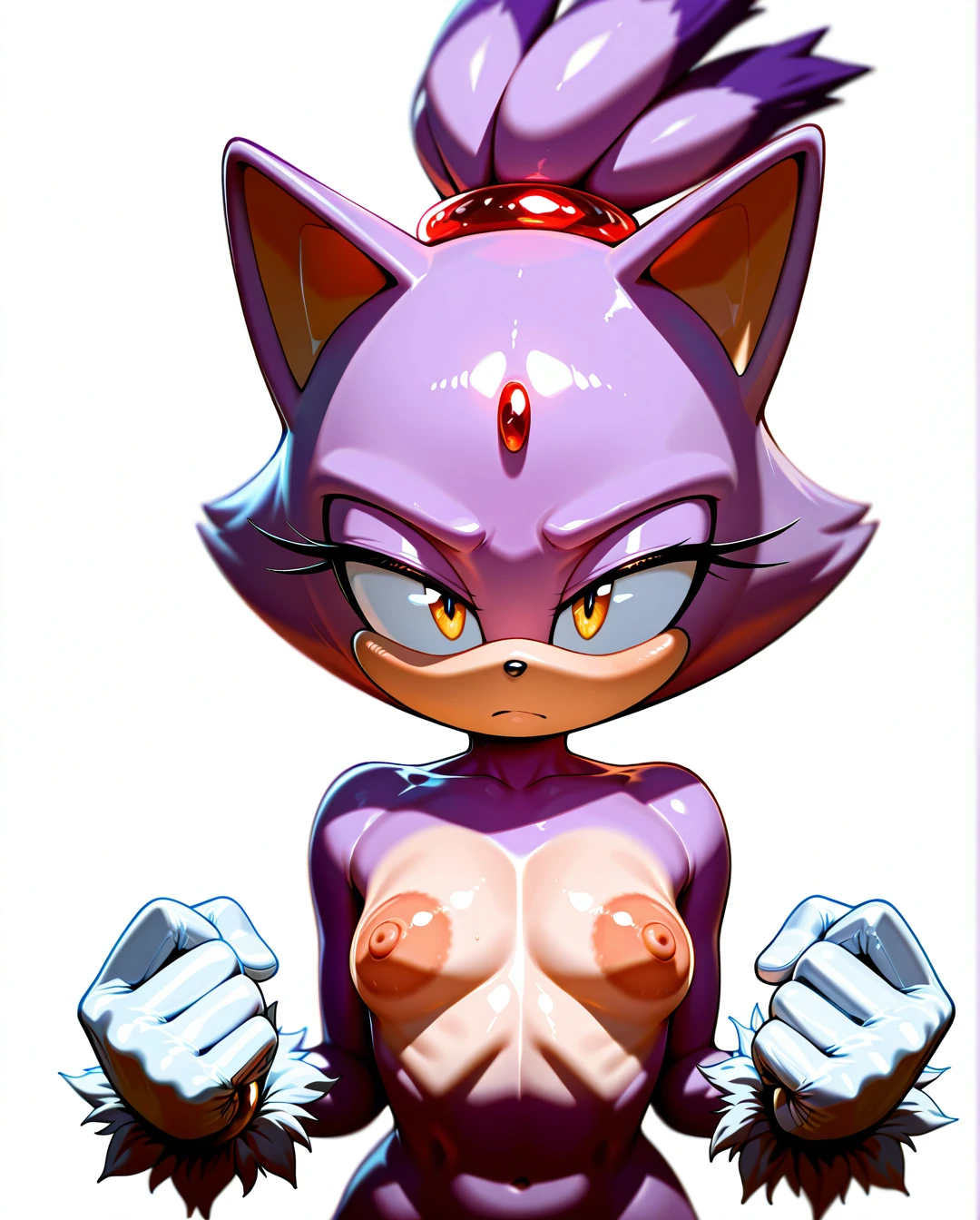 argento, @blaze_the_cat pushing_breasts_together_with_arms (clenched_hands), exposed_breasts, (slight_frown) (flat_chest) (perky_breasts) ((extremely_massive_areolae:1.5)) ((oversized_areolae:1.5)), white background, fully nude, gloves