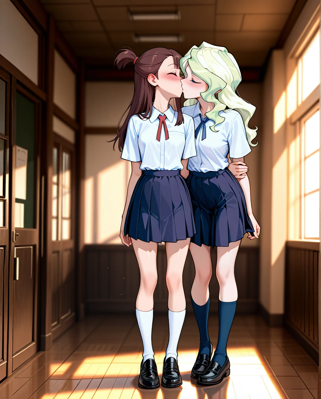 @diana_cavendish, @kagari_atsuko,   2_girls,  (full_body),  schoolgirls, school_uniform, socks, skirt, shoes,  teen, petite, (skinny),  clothed,  (blush), (open_mouth),  (kissing_neck), (implied_yuri), (undressing),