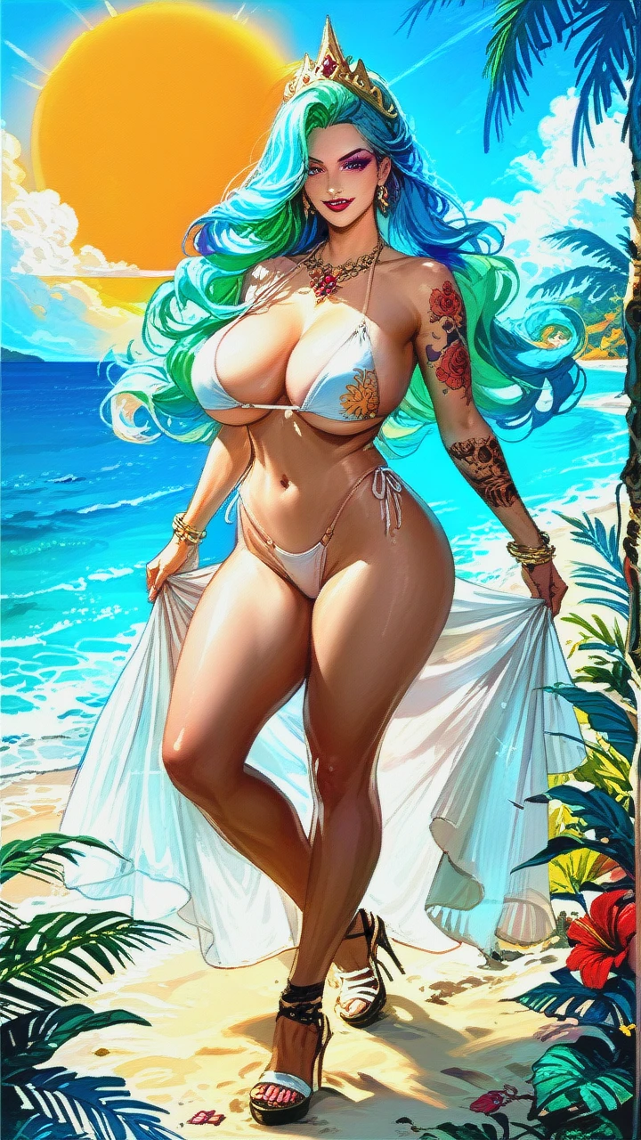 @Queen Celestia (sexy, curvy body, large breasts, sun-tattoo on arm, lipstick, naughty seductive smile, bikini, heels sandals), (beach)