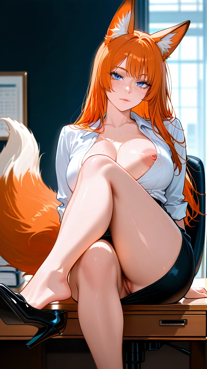 A girl ginger hair, blue eyes, freckles, looking on viewer, fox  ears, fox tail,  pubic hair, office, pencil skirt, office uniform, (one_breast_out), shoes, (crossed_legs), shoe dangle, full body,