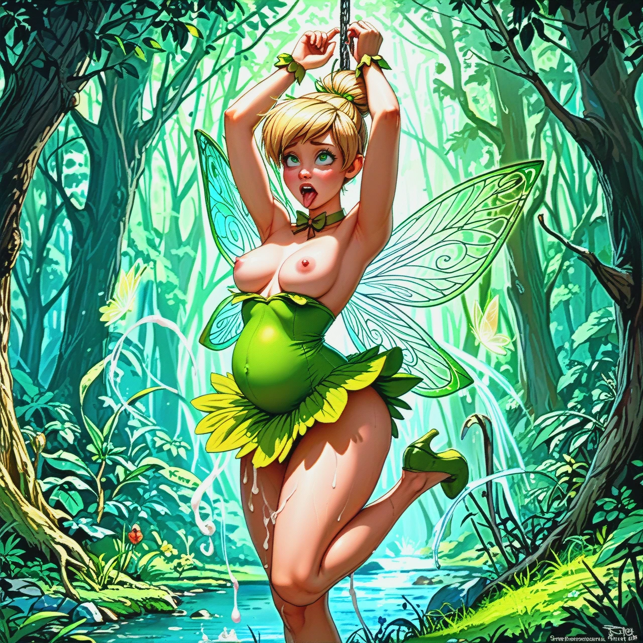 1girl, @tinkerbell, open_green_dress, minigirl, breasts_out, areolae, nipples, stomach buldge, stomach deformation, cum_inflation, folded:1.5, legs_upper_head, hands_on_ass, cumdump, ahegao, suspension on web, forest, high_detailed, best_quality