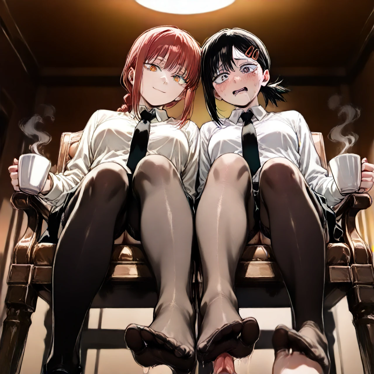 2girl, each one has her own distict role in the scene, The scene captures the stark contrast in their (power dynamics), illustrating the tension and submission between the two girls. (Makima is sitting on a chair holding a cup of coffee with a pleased dominant look). @makima BREAK (Kobeni, with a submissive scared look, is seen on her knees licking Makima's foot, she is wearing black skirt and stockings), @higashiyama_kobeni