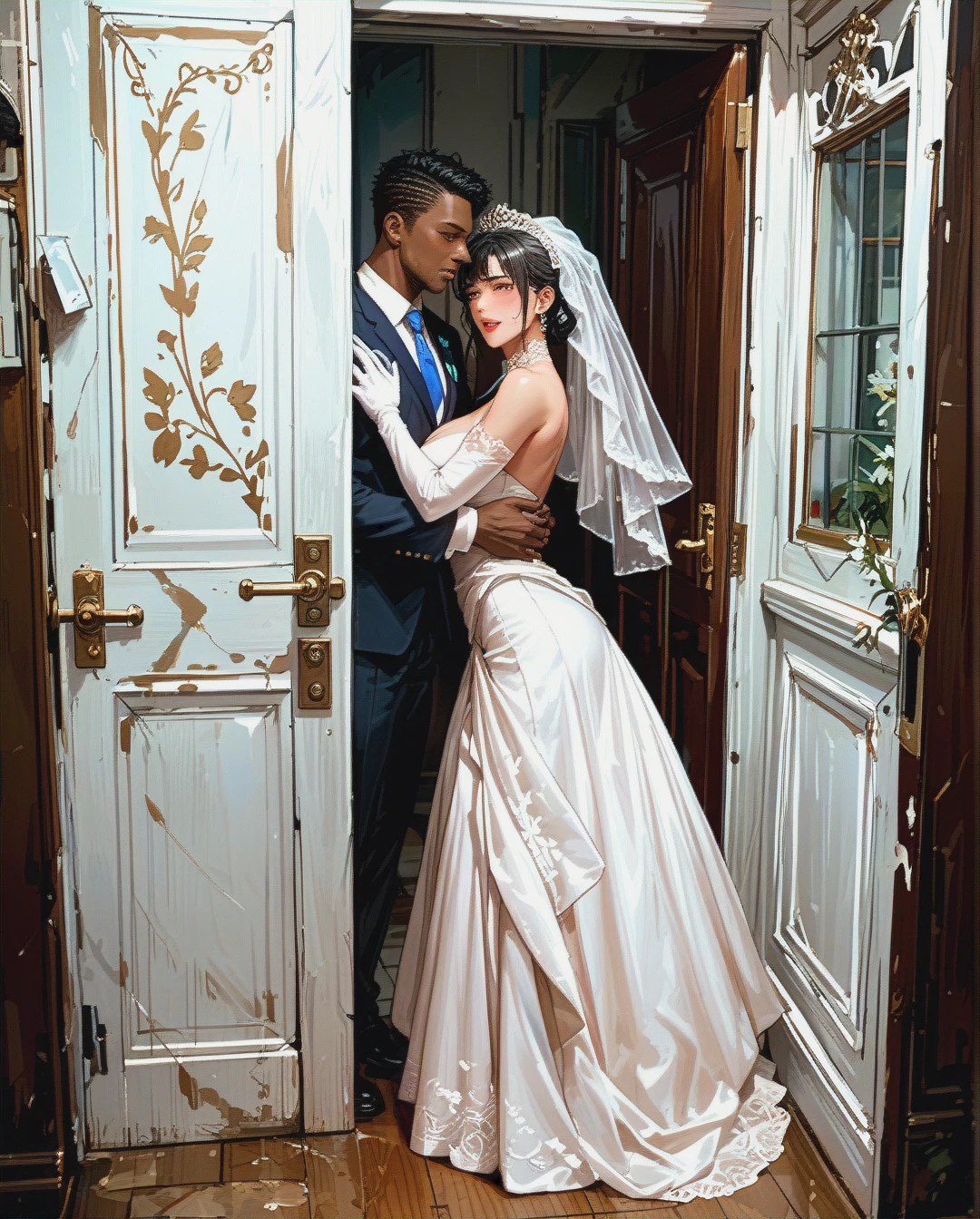 The dark skin man fucking bride, The Groom is Watching from door.