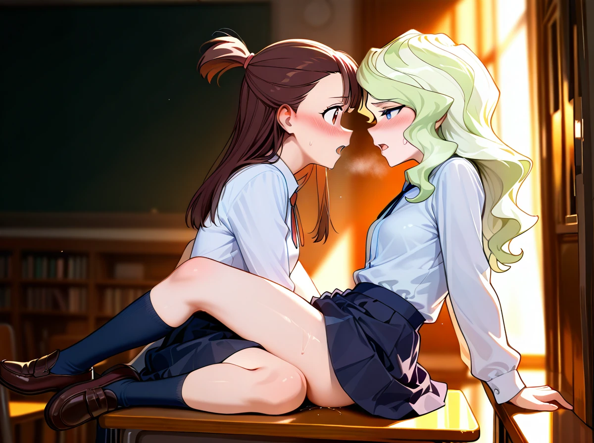 @diana_cavendish, @kagari_atsuko,   2_girls,  (full_body),  schoolgirls, school_uniform, socks, skirt, shoes,  teen, petite, (skinny),  clothed,  (blush), (open_mouth),(eye_contact),  (implied_yuri), sex, (tribadism),