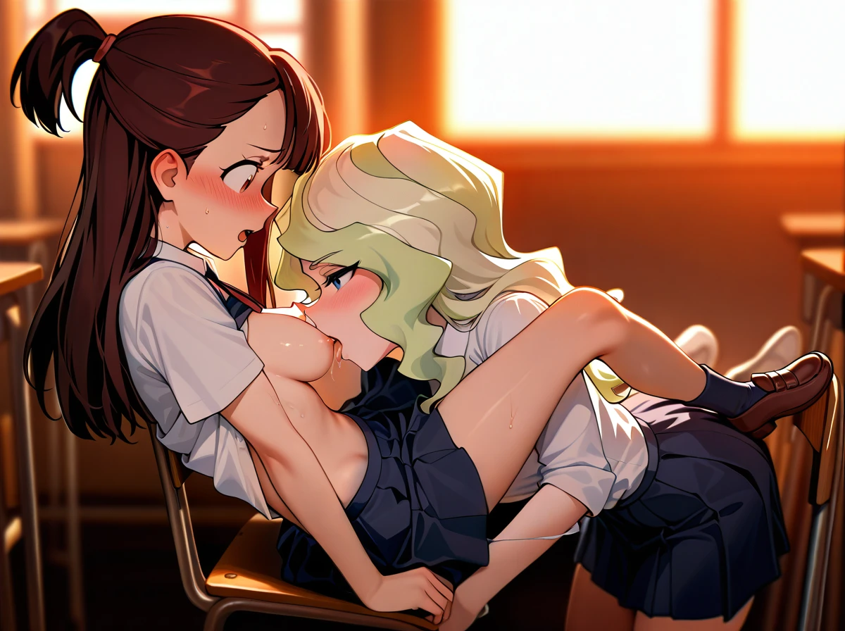 @diana_cavendish, @kagari_atsuko,   2_girls,  (full_body),  schoolgirls, school_uniform, socks, skirt, shoes,  teen, petite, (skinny),  clothed,  (blush), (open_mouth),(eye_contact),  (implied_yuri), (cunnilingus), (breasts_out), cloth