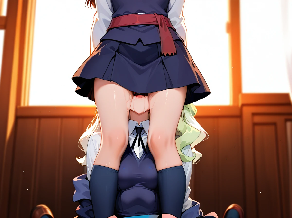 @diana_cavendish, @kagari_atsuko,   2_girls,  (full_body),  schoolgirls, school_uniform, socks, skirt, shoes,  teen, petite, (skinny),  clothed,  (blush), (open_mouth),  (implied_yuri), (cunnilingus), (breasts_out), (dress_removed) ,