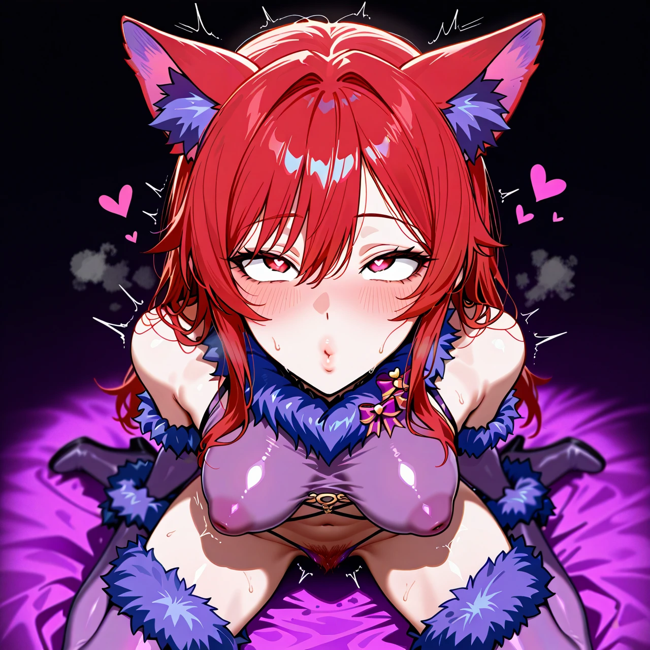 (arin sel), (skinny), (solo), (netorare), (wariza), (rolling eyes), (puckered lips), (twitching), (heart), (purple dangerous beast), (nipple under clothes), (inverted nipple), (covered nipples), (nipple outline), (red eyes), (heart shaped pupils), (red hair), (animal ears), (wolf ears), (purple inner ear fluff), (medium breasts), (sagging breasts), (fluffy crotch hair)