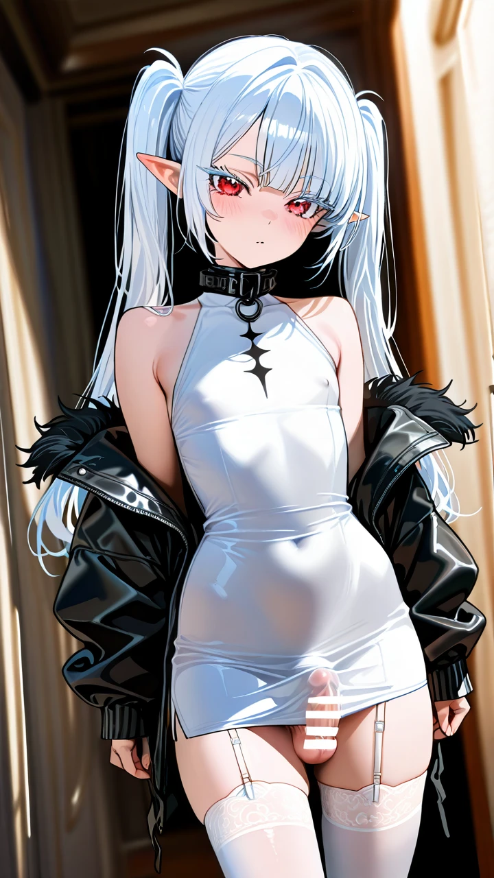 (otoko_no_ko) white_hair long_hair twin_ponytails white_eyelashes (red_eyes) pointy_ears side_bangs white_dress pencil_dress white_thighhighs garter_straps fur_jacket bare_shoulders collar penis_bulge erection_under_dress