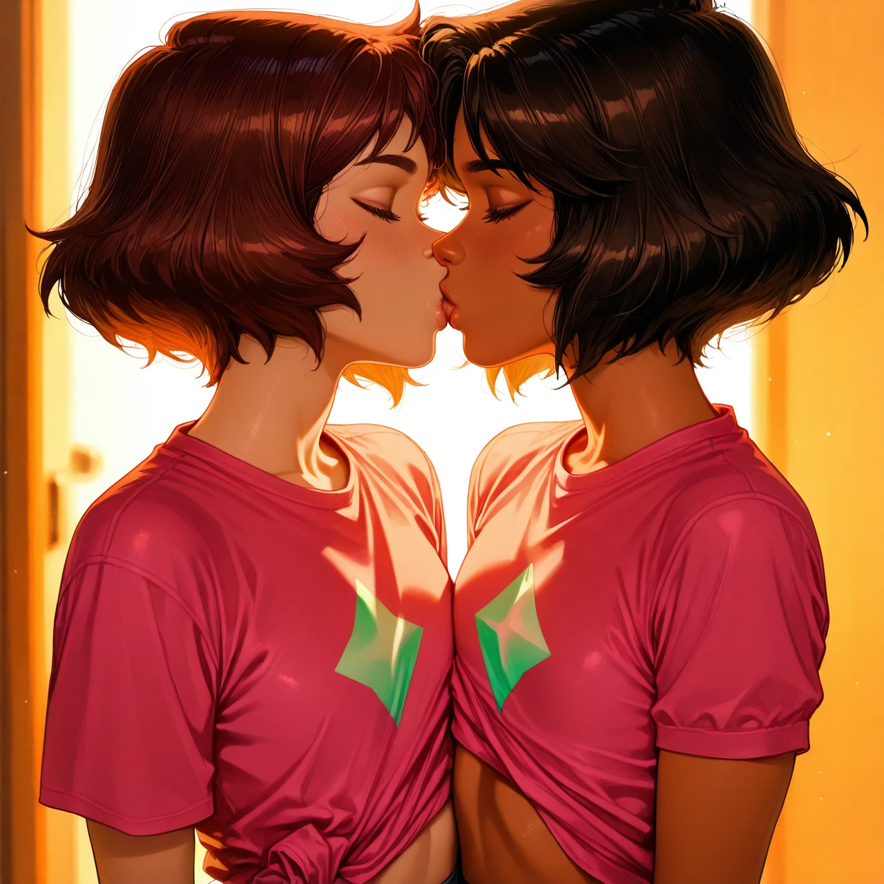 @connie_maheswaran, @steven_universe, realistic, kissing, lifting shirt, (flat chest)