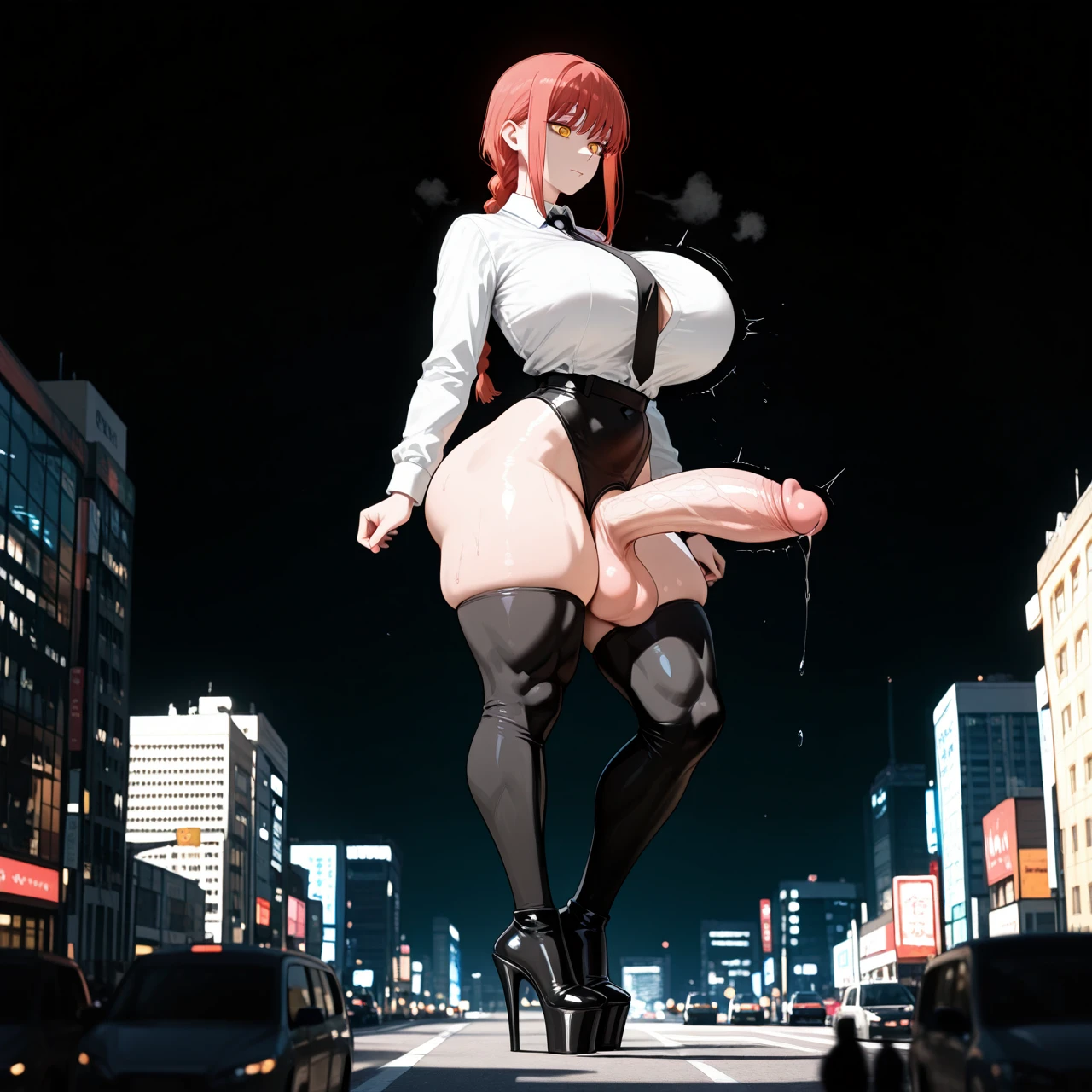 @makima  , (giant), high platform heels,high  socks, gigantic breats,city,futanari,breast expansion, big penis,, thick thighs , (muscular_female)