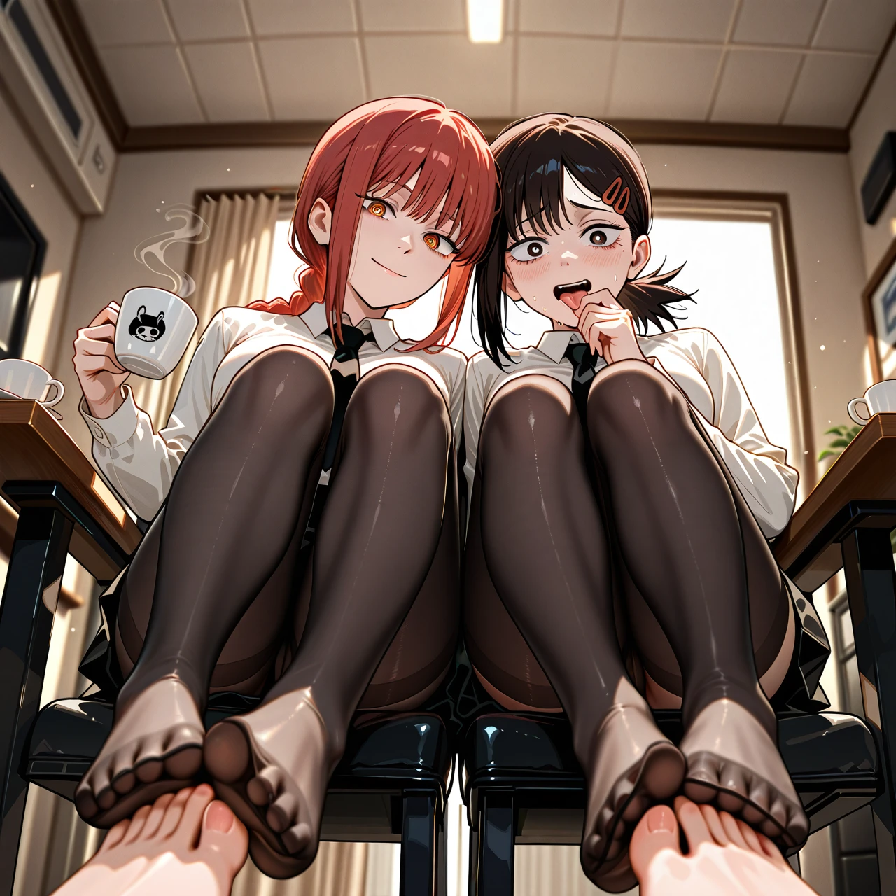 2girl, 2girls, In an office setting, (Makima is sitting on a chair holding a cup of coffee with a pleased dominant look). The scene captures the stark contrast in their (power dynamics), illustrating the tension and submission between the two girls.  (Kobeni, with a submissive scared look, is seen on her knees licking Makima's foot, she is wearing black skirt and stockings) @higashiyama_kobeni  @makima (landscape view)