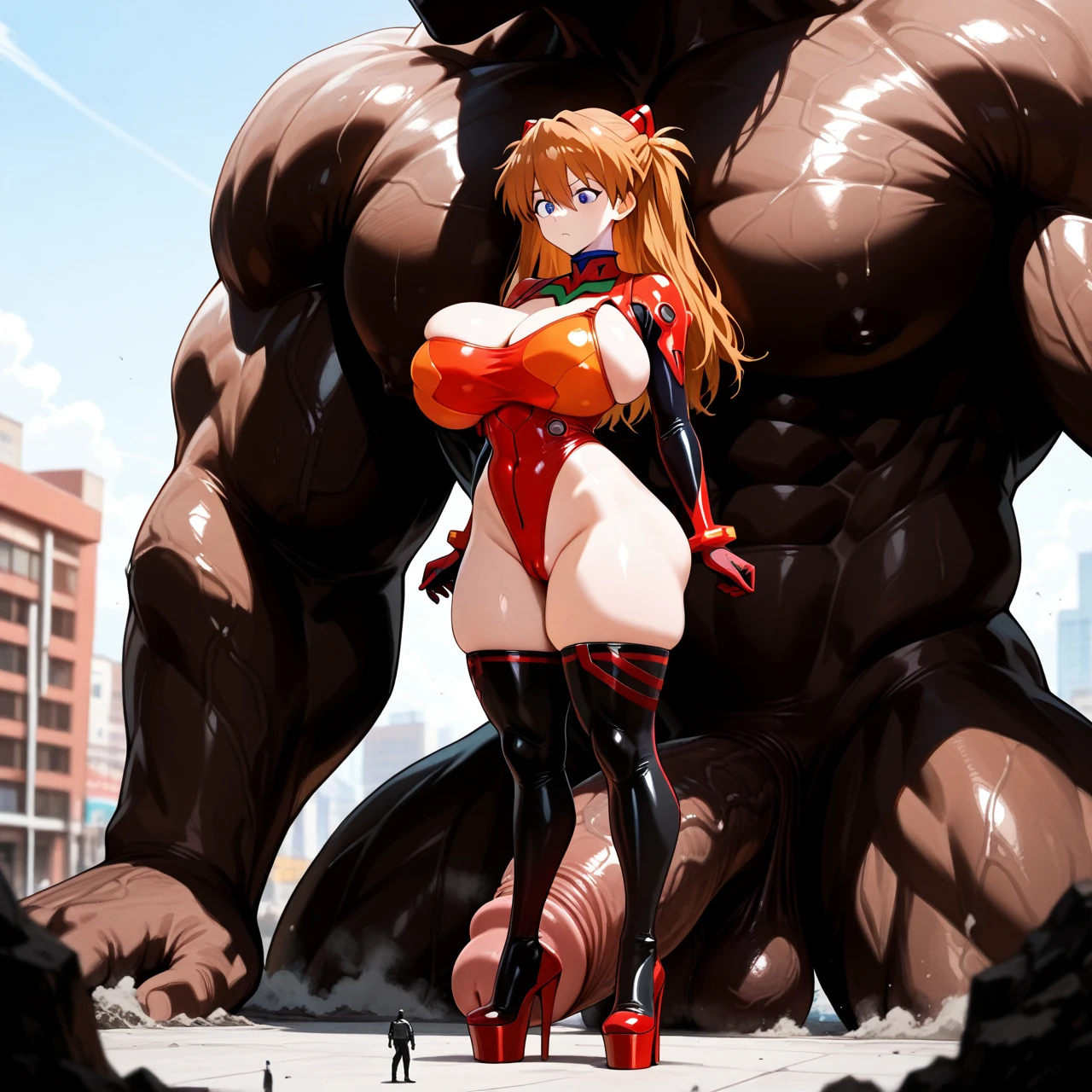 @asuka_langley_soryu  , (giant), high platform heels,high  socks, gigantic breats,,futanari,breast expansion, big penis,, thick thighs , (muscular_female)