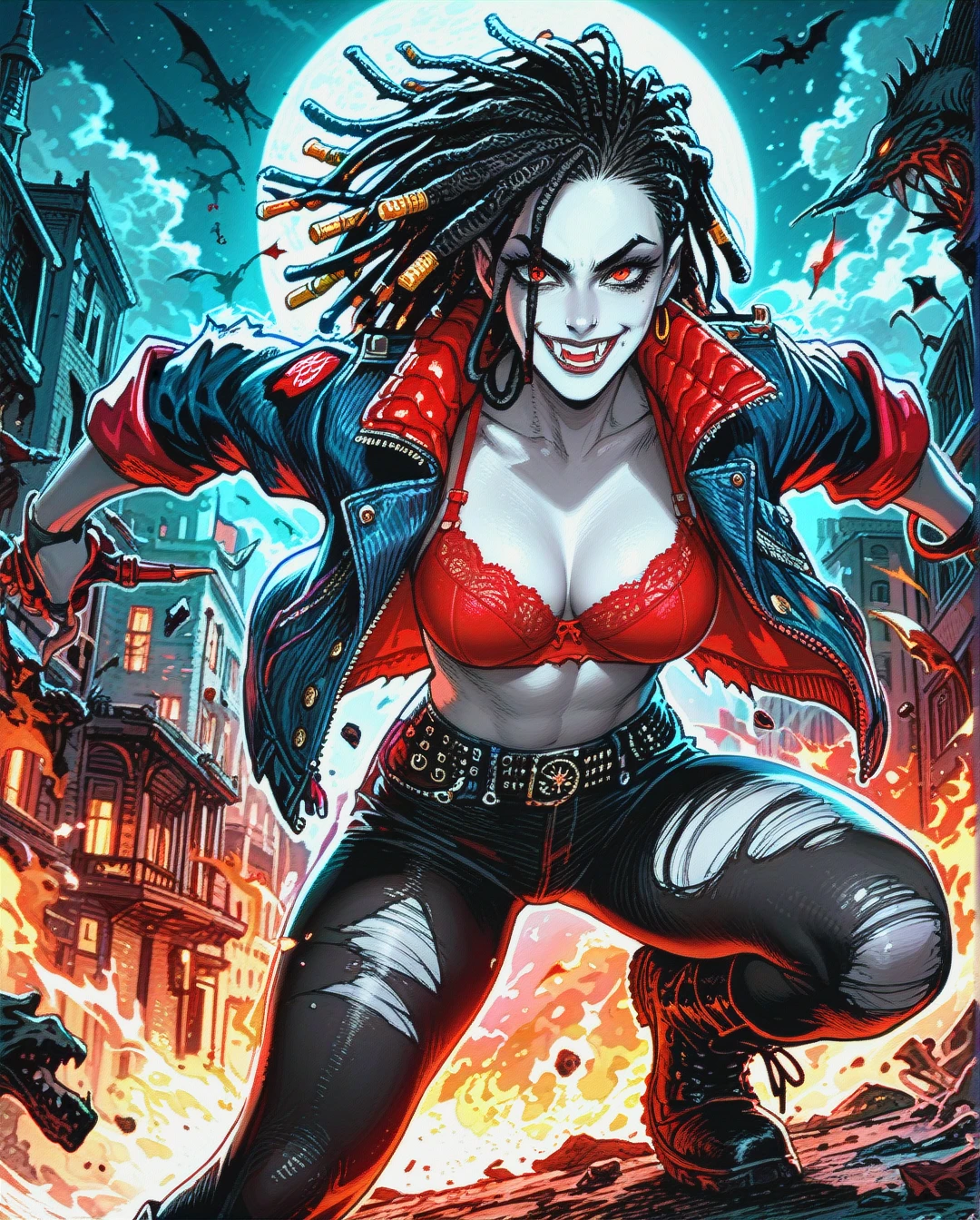 Vampire woman, fangs, grey skin, black hair, dreadlocks, smiling, denim jacket, red leather bra, ripped black leggings, combat boots, mosh pit, night